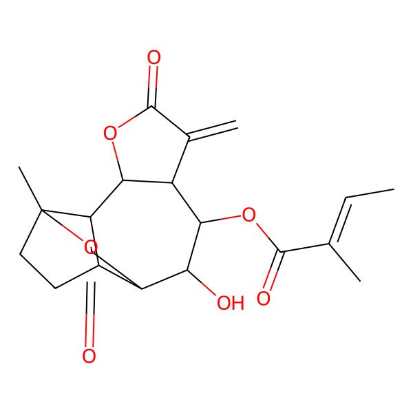 2D Structure of (9-Hydroxy-13-methyl-6-methylidene-5,11-dioxo-4,12-dioxatetracyclo[8.5.0.02,13.03,7]pentadecan-8-yl) 2-methylbut-2-enoate