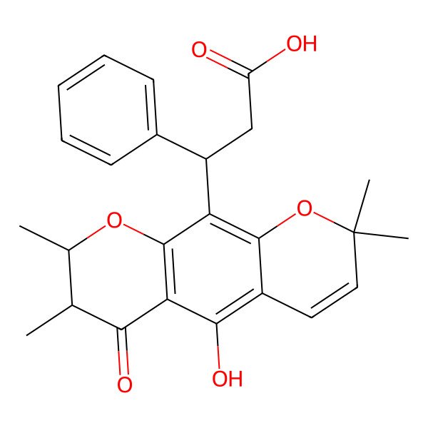 2D Structure of (3R)-3-[(7S,8R)-5-hydroxy-2,2,7,8-tetramethyl-6-oxo-7,8-dihydropyrano[3,2-g]chromen-10-yl]-3-phenylpropanoic acid