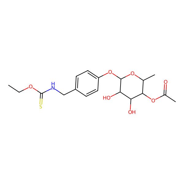 2D Structure of Carbonimidothioic acid, [[4-[(4-O-acetyl-6-deoxy-I+/--L-mannopyranosyl)oxy]phenyl]methyl]-, O-ethyl ester, (E)-