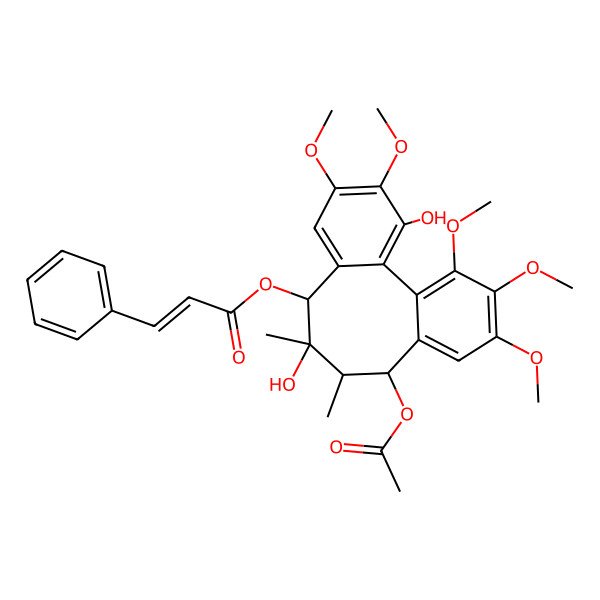2D Structure of [(8S,9R,10S,11R)-11-acetyloxy-3,9-dihydroxy-4,5,14,15,16-pentamethoxy-9,10-dimethyl-8-tricyclo[10.4.0.02,7]hexadeca-1(16),2,4,6,12,14-hexaenyl] (E)-3-phenylprop-2-enoate