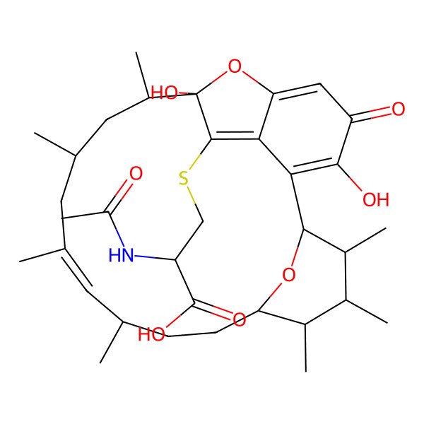 2D Structure of 2-Acetamido-3-[(3,9-dihydroxy-10,12,14,16,20,21,22-heptamethyl-4-oxo-23,24-dioxatetracyclo[17.3.1.16,9.02,7]tetracosa-2,5,7,14-tetraen-8-yl)sulfanyl]propanoic acid