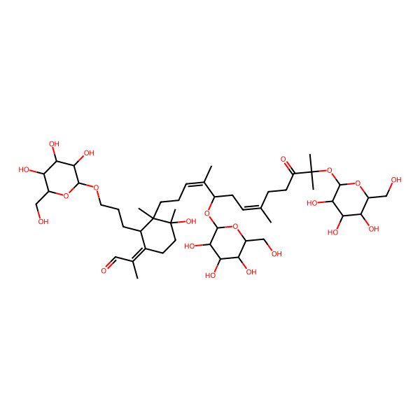 2D Structure of 2-[4-Hydroxy-3,4-dimethyl-2-[3-[3,4,5-trihydroxy-6-(hydroxymethyl)oxan-2-yl]oxypropyl]-3-[4,8,12-trimethyl-11-oxo-5,12-bis[[3,4,5-trihydroxy-6-(hydroxymethyl)oxan-2-yl]oxy]trideca-3,7-dienyl]cyclohexylidene]propanal