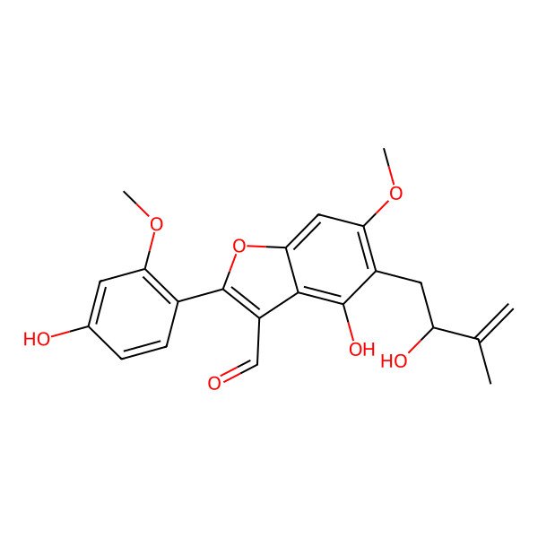 2D Structure of 4-Hydroxy-2-(4-hydroxy-2-methoxyphenyl)-5-(2-hydroxy-3-methylbut-3-enyl)-6-methoxy-1-benzofuran-3-carbaldehyde
