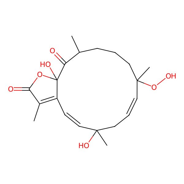 2D Structure of (4E,6S,8E,10R,14S,15aS)-10-hydroperoxy-6,15a-dihydroxy-3,6,10,14-tetramethyl-11,12,13,14-tetrahydro-7H-cyclotetradeca[b]furan-2,15-dione