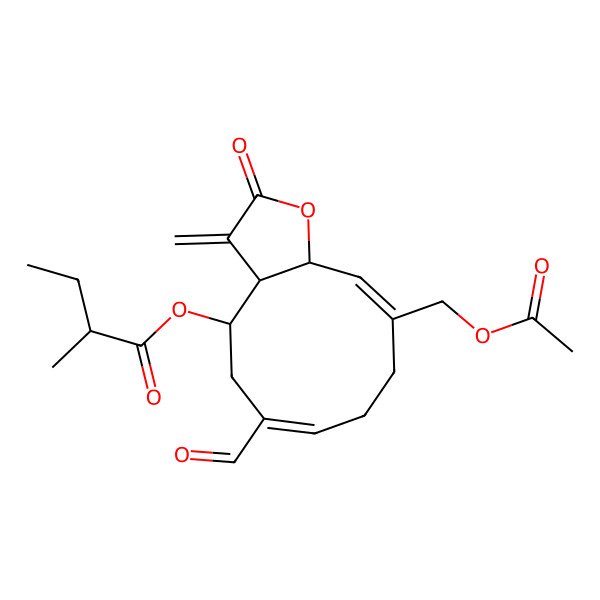 2D Structure of [(3aR,4R,6E,10E,11aR)-10-(acetyloxymethyl)-6-formyl-3-methylidene-2-oxo-3a,4,5,8,9,11a-hexahydrocyclodeca[b]furan-4-yl] (2R)-2-methylbutanoate