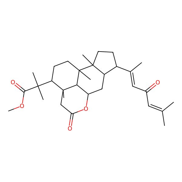 2D Structure of methyl 2-methyl-2-[(1R,5S,6R,9R,10R,13S,14R,16R)-5,9,10-trimethyl-13-[(2Z)-6-methyl-4-oxohepta-2,5-dien-2-yl]-3-oxo-2-oxatetracyclo[7.6.1.05,16.010,14]hexadecan-6-yl]propanoate