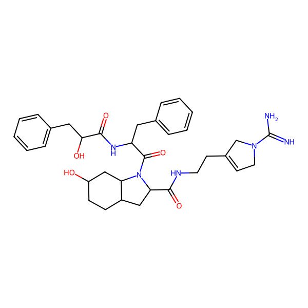 2D Structure of (2S)-N-[2-(1-carbamimidoyl-2,5-dihydropyrrol-3-yl)ethyl]-6-hydroxy-1-[2-[[(2R)-2-hydroxy-3-phenylpropanoyl]amino]-3-phenylpropanoyl]-2,3,3a,4,5,6,7,7a-octahydroindole-2-carboxamide