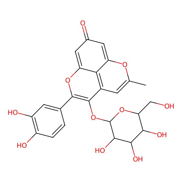 2D Structure of 3-(3,4-Dihydroxyphenyl)-7-methyl-4-[3,4,5-trihydroxy-6-(hydroxymethyl)oxan-2-yl]oxy-2,8-dioxatricyclo[7.3.1.05,13]trideca-1(12),3,5(13),6,9-pentaen-11-one