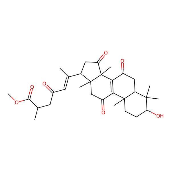 2D Structure of methyl (E,2R)-6-[(3S,5R,10S,13R,14R,17R)-3-hydroxy-4,4,10,13,14-pentamethyl-7,11,15-trioxo-1,2,3,5,6,12,16,17-octahydrocyclopenta[a]phenanthren-17-yl]-2-methyl-4-oxohept-5-enoate