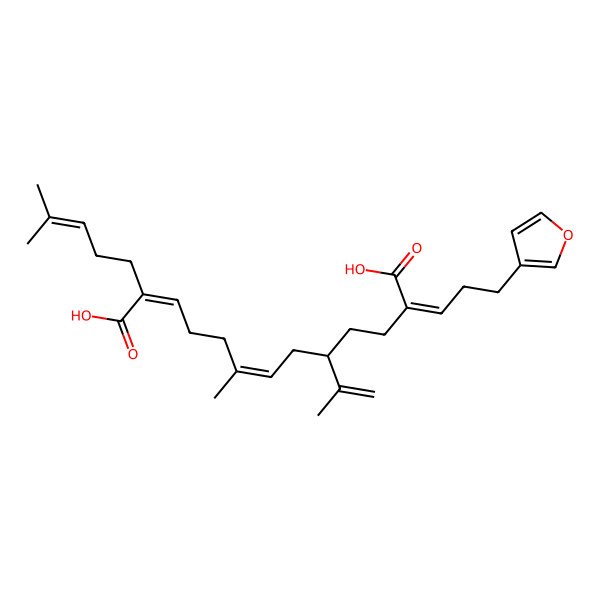 2D Structure of 12-[3-(Furan-3-yl)propylidene]-6-methyl-2-(4-methylpent-3-enyl)-9-prop-1-en-2-yltrideca-2,6-dienedioic acid
