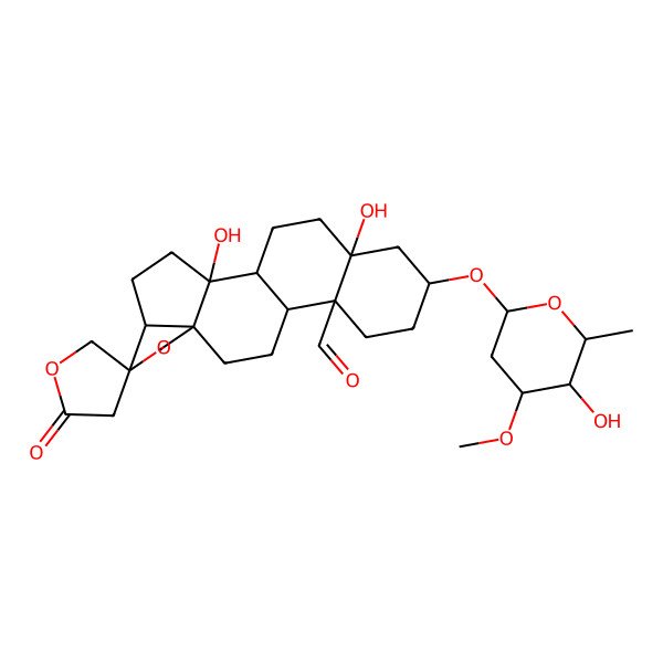 2D Structure of 2,18-Dihydroxy-16-(5-hydroxy-4-methoxy-6-methyloxan-2-yl)oxy-2'-oxospiro[7-oxapentacyclo[10.8.0.02,9.05,9.013,18]icosane-6,4'-oxolane]-13-carbaldehyde