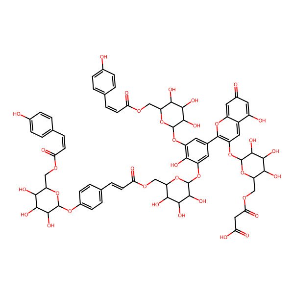2D Structure of 3-oxo-3-[[(2R,3S,4S,5R,6S)-3,4,5-trihydroxy-6-[5-hydroxy-2-[4-hydroxy-3-[(2S,3R,4S,5S,6R)-3,4,5-trihydroxy-6-[3-(4-hydroxyphenyl)prop-2-enoyloxymethyl]oxan-2-yl]oxy-5-[(2S,3R,4S,5S,6R)-3,4,5-trihydroxy-6-[[(E)-3-[4-[(2S,3R,4S,5S,6R)-3,4,5-trihydroxy-6-[3-(4-hydroxyphenyl)prop-2-enoyloxymethyl]oxan-2-yl]oxyphenyl]prop-2-enoyl]oxymethyl]oxan-2-yl]oxyphenyl]-7-oxochromen-3-yl]oxyoxan-2-yl]methoxy]propanoic acid