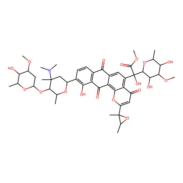 2D Structure of methyl 2-[(2S,3R,4R,5R,6S)-3,5-dihydroxy-4-methoxy-6-methyloxan-2-yl]-2-[10-[(2S,4R,5S,6S)-4-(dimethylamino)-5-[(2S,4S,5S,6R)-5-hydroxy-4-methoxy-6-methyloxan-2-yl]oxy-4,6-dimethyloxan-2-yl]-2-(2,3-dimethyloxiran-2-yl)-11-hydroxy-4,7,12-trioxonaphtho[2,3-h]chromen-5-yl]-2-hydroxyacetate