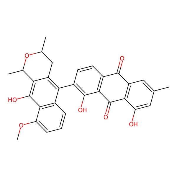 2D Structure of 1,8-dihydroxy-2-[(1R,3R)-10-hydroxy-9-methoxy-1,3-dimethyl-3,4-dihydro-1H-benzo[g]isochromen-5-yl]-6-methylanthracene-9,10-dione