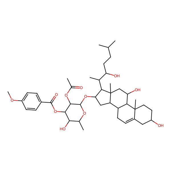 2D Structure of [(2R,3R,4R,5S,6S)-3-acetyloxy-2-[[(3S,8S,9S,10R,11R,13S,14S,16S,17S)-3,11-dihydroxy-17-[(2S,3S)-3-hydroxy-6-methylheptan-2-yl]-10,13-dimethyl-2,3,4,7,8,9,11,12,14,15,16,17-dodecahydro-1H-cyclopenta[a]phenanthren-16-yl]oxy]-5-hydroxy-6-methyloxan-4-yl] 4-methoxybenzoate