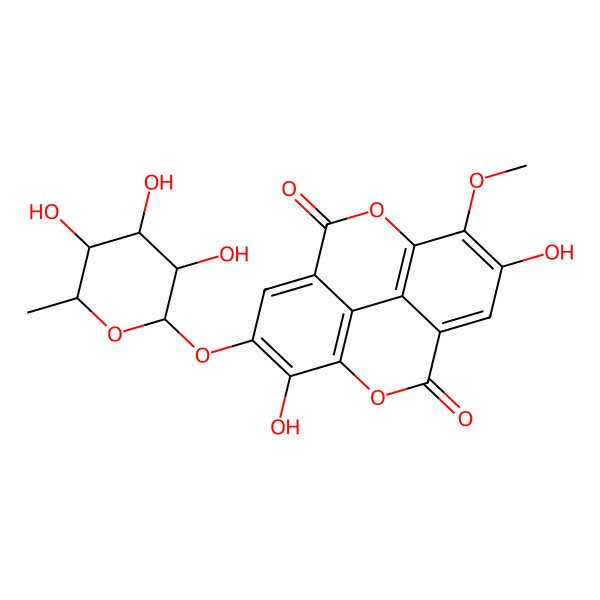 2D Structure of 6,14-dihydroxy-7-methoxy-13-[(2S,3R,4R,5R,6R)-3,4,5-trihydroxy-6-methyloxan-2-yl]oxy-2,9-dioxatetracyclo[6.6.2.04,16.011,15]hexadeca-1(15),4,6,8(16),11,13-hexaene-3,10-dione