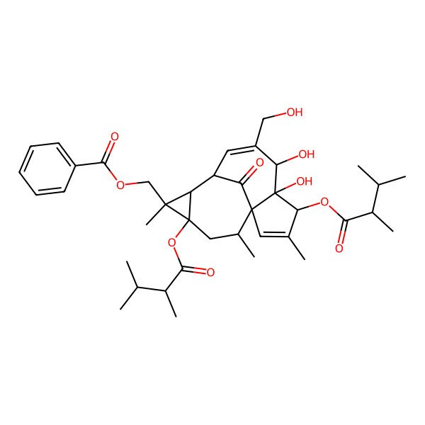 2D Structure of [4,12-Bis(2,3-dimethylbutanoyloxy)-5,6-dihydroxy-7-(hydroxymethyl)-3,11,14-trimethyl-15-oxo-11-tetracyclo[7.5.1.01,5.010,12]pentadeca-2,7-dienyl]methyl benzoate