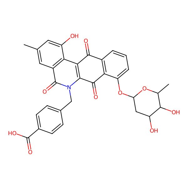 2D Structure of 4-[[8-[(2S,4R,5R,6S)-4,5-dihydroxy-6-methyloxan-2-yl]oxy-1-hydroxy-3-methyl-5,7,12-trioxobenzo[b]phenanthridin-6-yl]methyl]benzoic acid