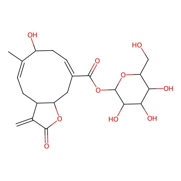 2D Structure of [(2S,3R,4S,5R,6R)-3,4,5-trihydroxy-6-(hydroxymethyl)oxan-2-yl] (3aR,5E,7S,9E,11aS)-7-hydroxy-6-methyl-3-methylidene-2-oxo-3a,4,7,8,11,11a-hexahydrocyclodeca[b]furan-10-carboxylate