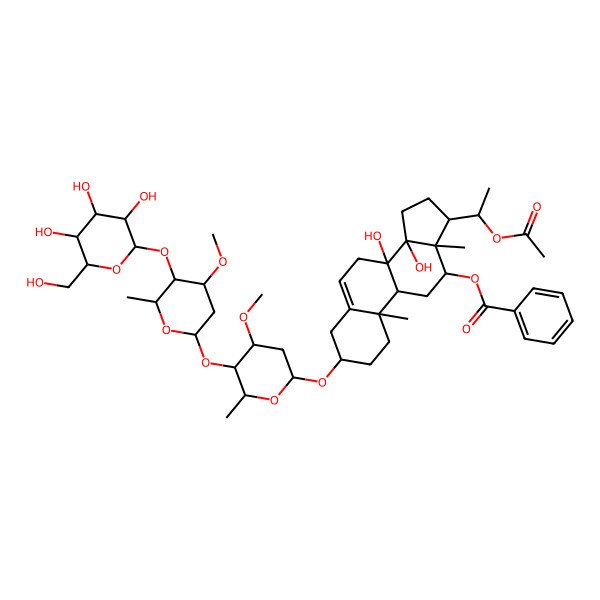 2D Structure of [(3S,8S,9R,10R,12R,13S,14R,17S)-17-[(1R)-1-acetyloxyethyl]-8,14-dihydroxy-3-[(2R,4R,5R)-4-methoxy-5-[(2S,4R,5R)-4-methoxy-6-methyl-5-[(2S,4S,5S)-3,4,5-trihydroxy-6-(hydroxymethyl)oxan-2-yl]oxyoxan-2-yl]oxy-6-methyloxan-2-yl]oxy-10,13-dimethyl-2,3,4,7,9,11,12,15,16,17-decahydro-1H-cyclopenta[a]phenanthren-12-yl] benzoate
