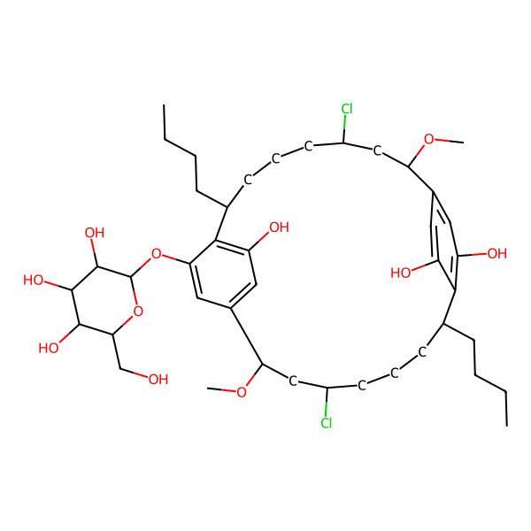 2D Structure of (2S,3S,4S,5S,6R)-2-[[(2R,4R,8S,13R,15R,19S)-8,19-dibutyl-4,15-dichloro-21,24,26-trihydroxy-2,13-dimethoxy-10-tricyclo[18.2.2.29,12]hexacosa-1(22),9(26),10,12(25),20,23-hexaenyl]oxy]-6-(hydroxymethyl)oxane-3,4,5-triol
