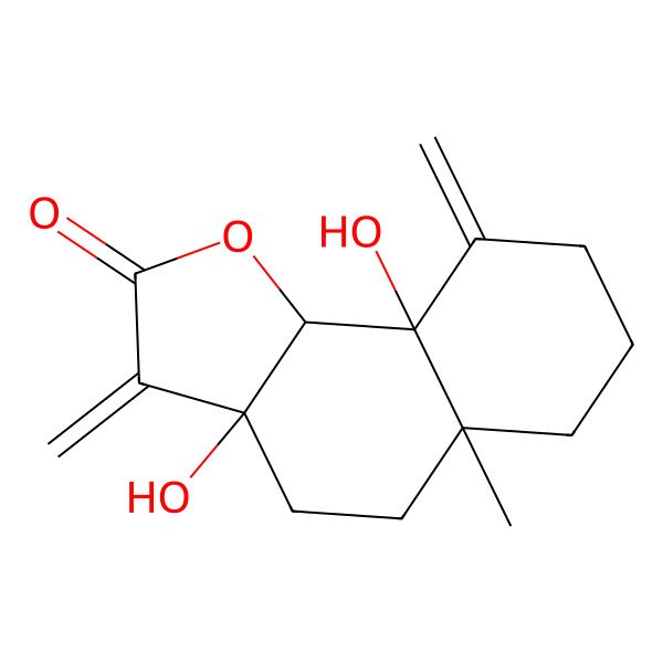 2D Structure of 3a,9a-Dihydroxy-5a-methyl-3,9-dimethylidene-4,5,6,7,8,9b-hexahydrobenzo[g][1]benzofuran-2-one