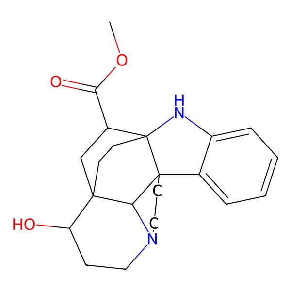 2D Structure of Methyl 15-hydroxy-2,12-diazahexacyclo[14.2.2.19,12.01,9.03,8.016,21]henicosa-3,5,7-triene-18-carboxylate