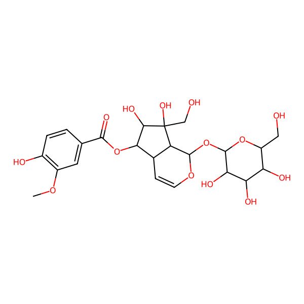 2D Structure of [(1S,4aR,5S,6R,7S,7aS)-6,7-dihydroxy-7-(hydroxymethyl)-1-[(2S,3R,4S,5S,6R)-3,4,5-trihydroxy-6-(hydroxymethyl)oxan-2-yl]oxy-4a,5,6,7a-tetrahydro-1H-cyclopenta[c]pyran-5-yl] 4-hydroxy-3-methoxybenzoate