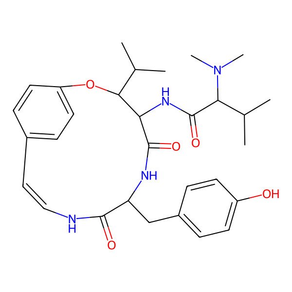 2D Structure of (2S)-2-(dimethylamino)-N-[(3R,4R,7R,10Z)-7-[(4-hydroxyphenyl)methyl]-5,8-dioxo-3-propan-2-yl-2-oxa-6,9-diazabicyclo[10.2.2]hexadeca-1(14),10,12,15-tetraen-4-yl]-3-methylbutanamide