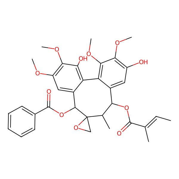 2D Structure of [3',14'-Dihydroxy-4',5',15',16'-tetramethoxy-10'-methyl-11'-(2-methylbut-2-enoyloxy)spiro[oxirane-2,9'-tricyclo[10.4.0.02,7]hexadeca-1(16),2,4,6,12,14-hexaene]-8'-yl] benzoate