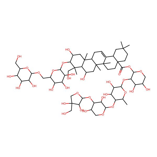 2D Structure of [3-[5-[4-[3,4-Dihydroxy-4-(hydroxymethyl)oxolan-2-yl]oxy-3,5-dihydroxyoxan-2-yl]oxy-3,4-dihydroxy-6-methyloxan-2-yl]oxy-4,5-dihydroxyoxan-2-yl] 8,11-dihydroxy-9-(hydroxymethyl)-2,2,6a,6b,9,12a-hexamethyl-10-[3,4,5-trihydroxy-6-[[3,4,5-trihydroxy-6-(hydroxymethyl)oxan-2-yl]oxymethyl]oxan-2-yl]oxy-1,3,4,5,6,6a,7,8,8a,10,11,12,13,14b-tetradecahydropicene-4a-carboxylate