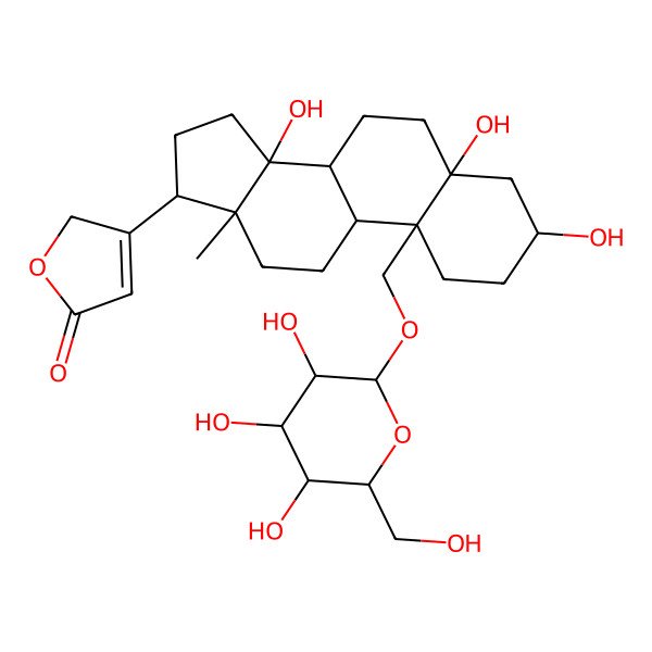 2D Structure of 3-[(3S,5S,8R,9S,10R,13R,14S,17R)-3,5,14-trihydroxy-13-methyl-10-[[(2R,3R,4S,5S,6R)-3,4,5-trihydroxy-6-(hydroxymethyl)oxan-2-yl]oxymethyl]-2,3,4,6,7,8,9,11,12,15,16,17-dodecahydro-1H-cyclopenta[a]phenanthren-17-yl]-2H-furan-5-one