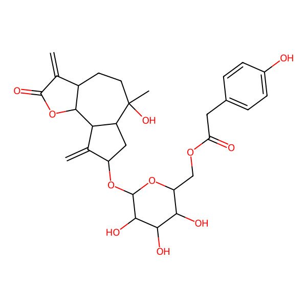 2D Structure of [(2R,3S,4S,5R,6R)-6-[[(3aS,6R,6aR,8S,9aR,9bS)-6-hydroxy-6-methyl-3,9-dimethylidene-2-oxo-3a,4,5,6a,7,8,9a,9b-octahydroazuleno[4,5-b]furan-8-yl]oxy]-3,4,5-trihydroxyoxan-2-yl]methyl 2-(4-hydroxyphenyl)acetate