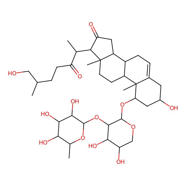 2D Structure of (1R,3R)-1-[4,5-dihydroxy-3-(3,4,5-trihydroxy-6-methyloxan-2-yl)oxyoxan-2-yl]oxy-3-hydroxy-17-[(2S,6R)-7-hydroxy-6-methyl-3-oxoheptan-2-yl]-10,13-dimethyl-1,2,3,4,7,8,9,11,12,14,15,17-dodecahydrocyclopenta[a]phenanthren-16-one