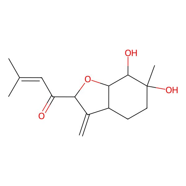 2D Structure of 1-(6,7-dihydroxy-6-methyl-3-methylidene-4,5,7,7a-tetrahydro-3aH-1-benzofuran-2-yl)-3-methylbut-2-en-1-one