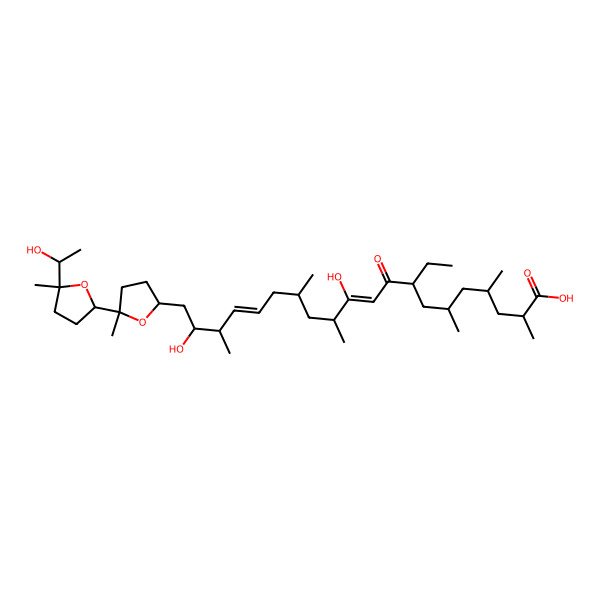 2D Structure of 8-Ethyl-11,19-dihydroxy-20-[5-[5-(1-hydroxyethyl)-5-methyloxolan-2-yl]-5-methyloxolan-2-yl]-2,4,6,12,14,18-hexamethyl-9-oxoicosa-10,16-dienoic acid