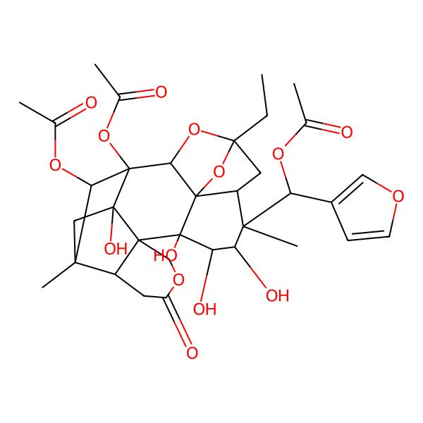 2D Structure of [1-Acetyloxy-8-[acetyloxy(furan-3-yl)methyl]-5-ethyl-9,10,11,20-tetrahydroxy-8,18-dimethyl-15-oxo-4,14,22-trioxaheptacyclo[16.2.1.12,5.03,7.03,11.012,17.012,20]docosan-21-yl] acetate