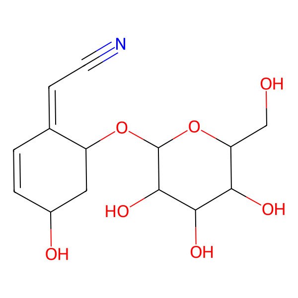 2D Structure of (2Z)-2-[(4S,6S)-4-hydroxy-6-[(2R,3R,4S,5S,6R)-3,4,5-trihydroxy-6-(hydroxymethyl)oxan-2-yl]oxycyclohex-2-en-1-ylidene]acetonitrile
