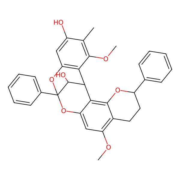 2D Structure of (1R,5S,13S,21R)-9,19-dimethoxy-18-methyl-5,13-diphenyl-4,12,14-trioxapentacyclo[11.7.1.02,11.03,8.015,20]henicosa-2,8,10,15(20),16,18-hexaene-17,21-diol