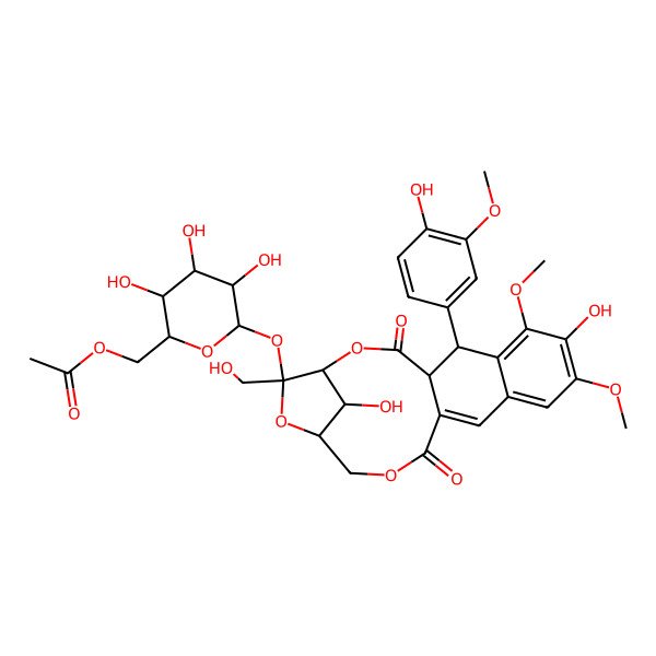 2D Structure of [(2R,3S,4S,5R,6R)-6-[[(1S,4R,5R,17R,19R,20R)-8,20-dihydroxy-5-(4-hydroxy-3-methoxyphenyl)-19-(hydroxymethyl)-7,9-dimethoxy-3,14-dioxo-2,15,18-trioxatetracyclo[15.2.1.04,13.06,11]icosa-6,8,10,12-tetraen-19-yl]oxy]-3,4,5-trihydroxyoxan-2-yl]methyl acetate