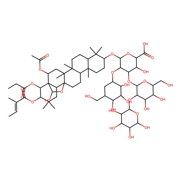 2D Structure of (2S,3S,4S,5R,6R)-6-[[(1R,2R,4S,5R,8R,10S,13R,14R,17S,18R,21R,22R,23S)-2-acetyloxy-23-hydroxy-4,5,9,9,13,20,20-heptamethyl-21-[(Z)-2-methylbut-2-enoyl]oxy-22-propanoyloxy-24-oxahexacyclo[15.5.2.01,18.04,17.05,14.08,13]tetracosan-10-yl]oxy]-4-[(2S,3R,4S,5R,6R)-4,5-dihydroxy-6-(hydroxymethyl)-3-[(2S,3R,4R,5S,6R)-3,4,5,6-tetrahydroxyoxan-2-yl]oxyoxan-2-yl]oxy-3-hydroxy-5-[(1R,2R,3S,4S,5R)-2,3,4-trihydroxy-5-(hydroxymethyl)cyclohexyl]oxyoxane-2-carboxylic acid