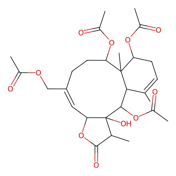 2D Structure of [(1S,2S,3S,4R,7S,8E,12S,13S,14R)-2,12,14-triacetyloxy-3-hydroxy-4,13,17-trimethyl-5-oxo-6-oxatricyclo[11.4.0.03,7]heptadeca-8,16-dien-9-yl]methyl acetate