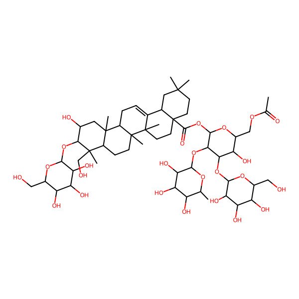 2D Structure of [(2S,3R,4S,5R,6R)-6-(acetyloxymethyl)-5-hydroxy-4-[(2R,3R,4S,5S,6R)-3,4,5-trihydroxy-6-(hydroxymethyl)oxan-2-yl]oxy-3-[(2S,3R,4R,5R,6S)-3,4,5-trihydroxy-6-methyloxan-2-yl]oxyoxan-2-yl] (4aS,6aR,6aS,6bR,8aR,9R,10R,11S,12aS,14bS)-11-hydroxy-9-(hydroxymethyl)-2,2,6a,6b,9,12a-hexamethyl-10-[(2R,3R,4S,5S,6R)-3,4,5-trihydroxy-6-(hydroxymethyl)oxan-2-yl]oxy-1,3,4,5,6,6a,7,8,8a,10,11,12,13,14b-tetradecahydropicene-4a-carboxylate