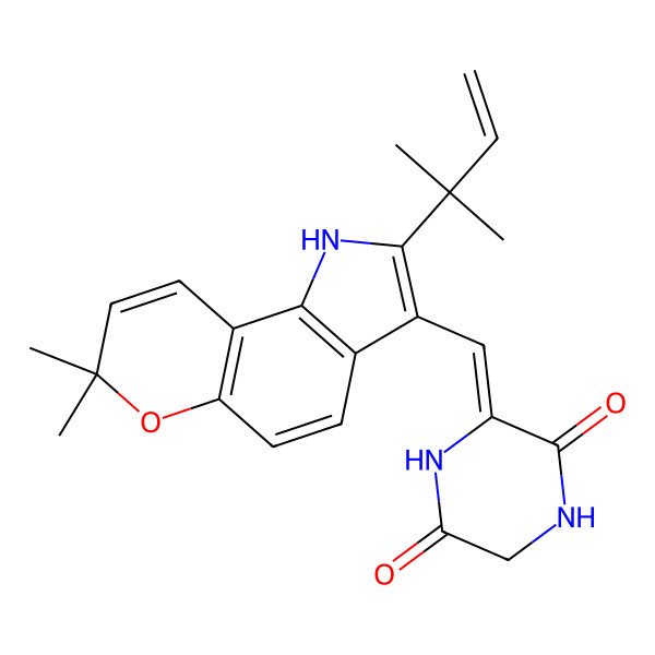 2D Structure of 3-[[7,7-dimethyl-2-(2-methylbut-3-en-2-yl)-1H-pyrano[2,3-g]indol-3-yl]methylidene]piperazine-2,5-dione