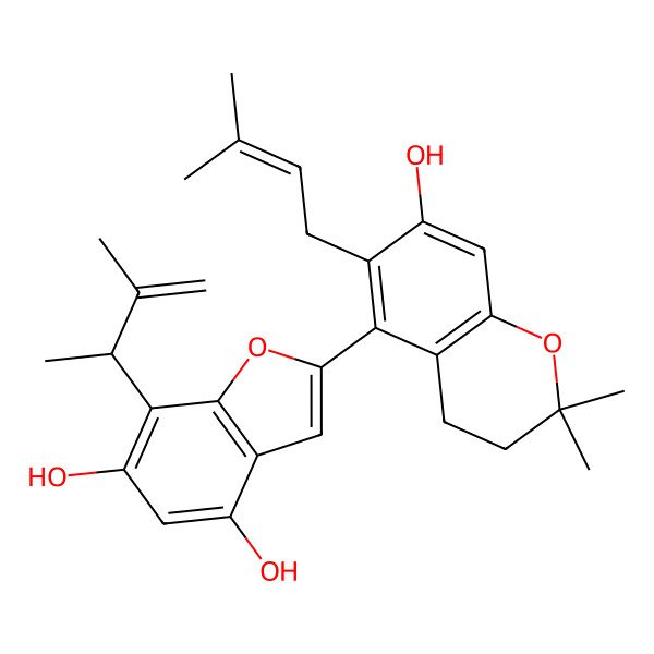 2D Structure of 2-[7-hydroxy-2,2-dimethyl-6-(3-methylbut-2-enyl)-3,4-dihydrochromen-5-yl]-7-[(2R)-3-methylbut-3-en-2-yl]-1-benzofuran-4,6-diol