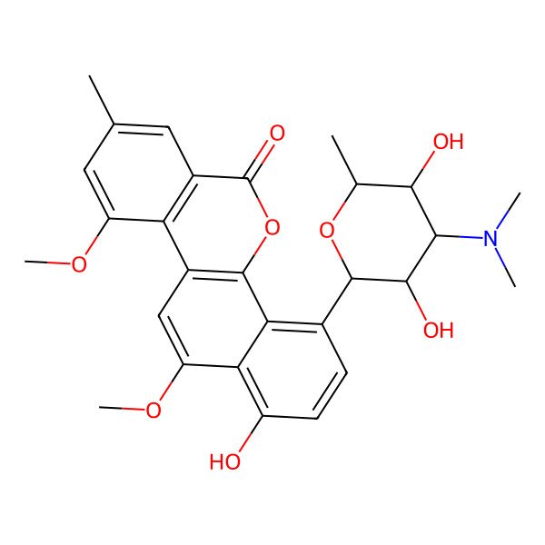 2D Structure of 4-[(2S,3R,4S,5S,6R)-4-(dimethylamino)-3,5-dihydroxy-6-methyloxan-2-yl]-1-hydroxy-10,12-dimethoxy-8-methylnaphtho[1,2-c]isochromen-6-one