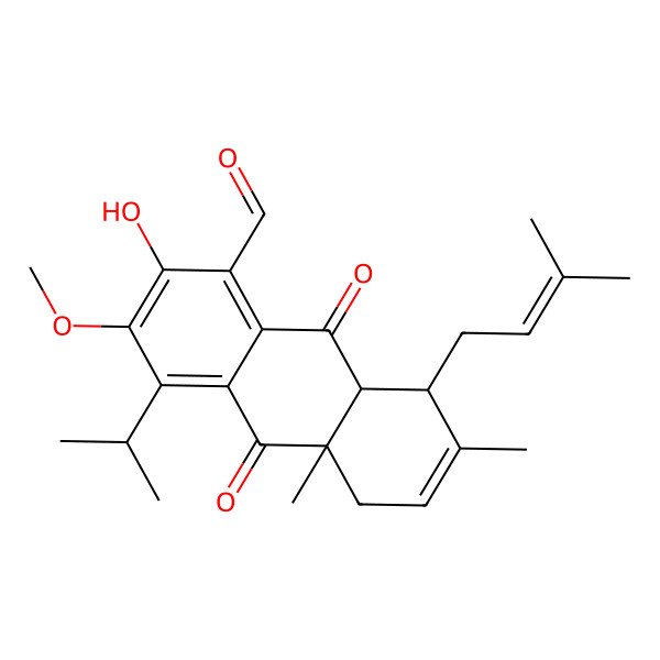 2D Structure of 2-hydroxy-3-methoxy-7,10a-dimethyl-8-(3-methylbut-2-enyl)-9,10-dioxo-4-propan-2-yl-8,8a-dihydro-5H-anthracene-1-carbaldehyde