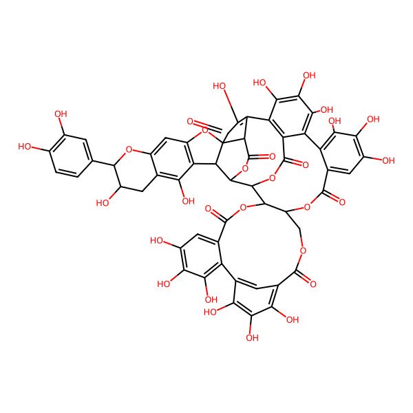 2D Structure of 42-(3,4-Dihydroxyphenyl)-7,8,9,12,13,14,24,25,26,29,30,31,34,43,46-pentadecahydroxy-3,17,20,37,41,50,53-heptaoxadodecacyclo[26.21.3.333,49.111,15.02,19.05,10.022,27.032,52.036,48.038,47.040,45.036,55]hexapentaconta-5,7,9,11(56),12,14,22,24,26,28(52),29,31,33,38(47),39,45-hexadecaene-4,16,21,35,51,54-hexone