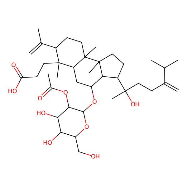 2D Structure of 3-[(3R,3aR,4R,5aR,6S,7S,9aR,9bR)-4-[(2R,3R,4S,5S,6R)-3-acetyloxy-4,5-dihydroxy-6-(hydroxymethyl)oxan-2-yl]oxy-3-[(2S)-2-hydroxy-6-methyl-5-methylideneheptan-2-yl]-6,9a,9b-trimethyl-7-prop-1-en-2-yl-1,2,3,3a,4,5,5a,7,8,9-decahydrocyclopenta[a]naphthalen-6-yl]propanoic acid