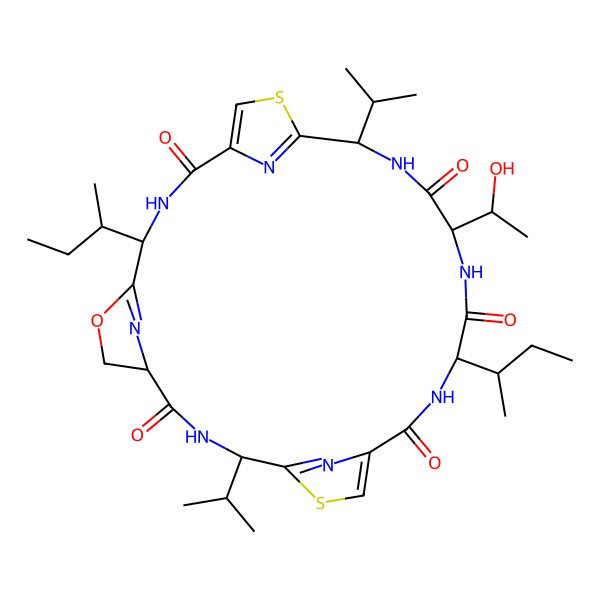 2D Structure of 4,18-Di(butan-2-yl)-21-(1-hydroxyethyl)-11,24-di(propan-2-yl)-6-oxa-13,26-dithia-3,10,17,20,23,28,29,30-octazatetracyclo[23.2.1.15,8.112,15]triaconta-1(27),5(30),12(29),14,25(28)-pentaene-2,9,16,19,22-pentone